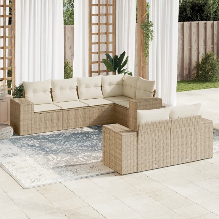 7-tlg. Garten-Sofagarnitur mit Kissen Schwarz Poly Rattan