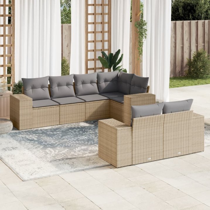 7-tlg. Garten-Sofagarnitur mit Kissen Schwarz Poly Rattan