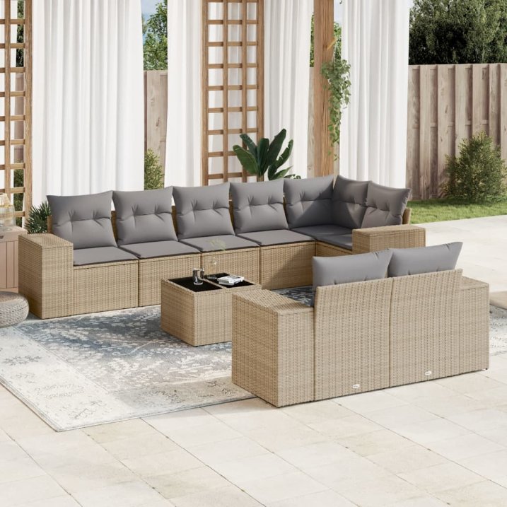 8-tlg. Garten-Sofagarnitur mit Kissen Schwarz Poly Rattan