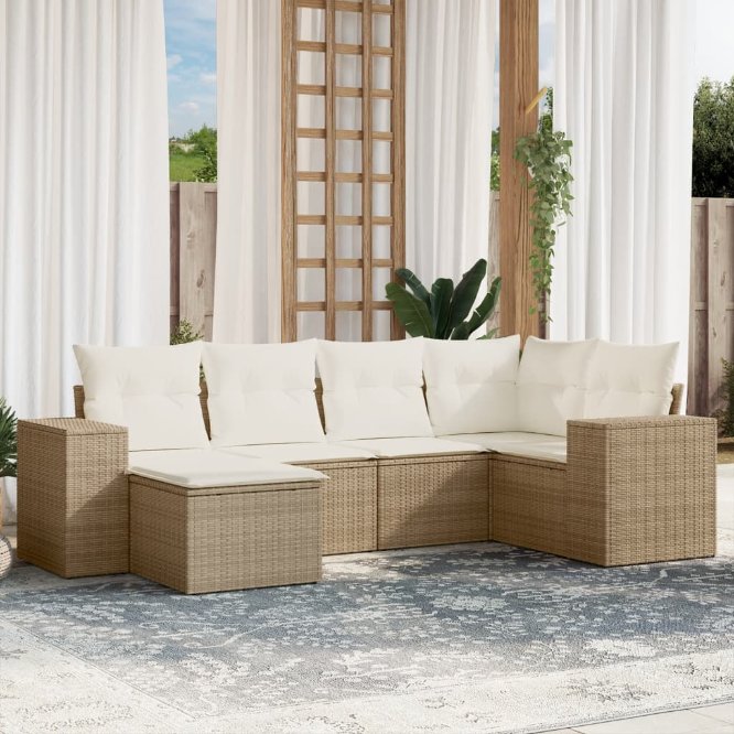 6-tlg. Garten-Sofagarnitur mit Kissen Schwarz Poly Rattan