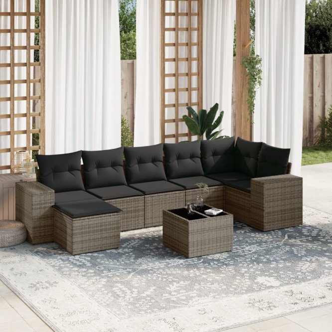 7-tlg. Garten-Sofagarnitur mit Kissen Schwarz Poly Rattan