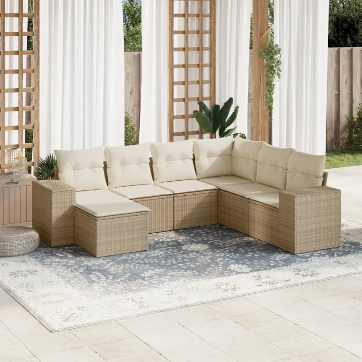 7-tlg. Garten-Sofagarnitur mit Kissen Schwarz Poly Rattan