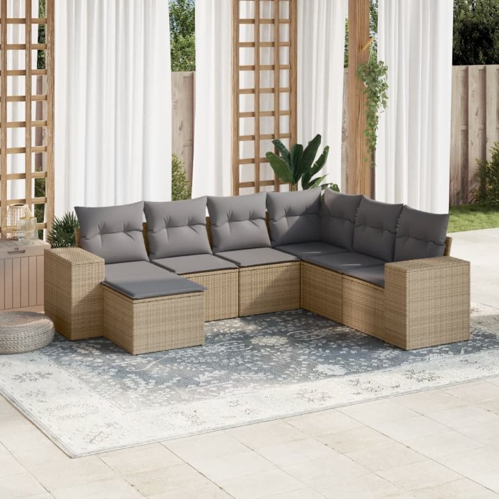 7-tlg. Garten-Sofagarnitur mit Kissen Schwarz Poly Rattan