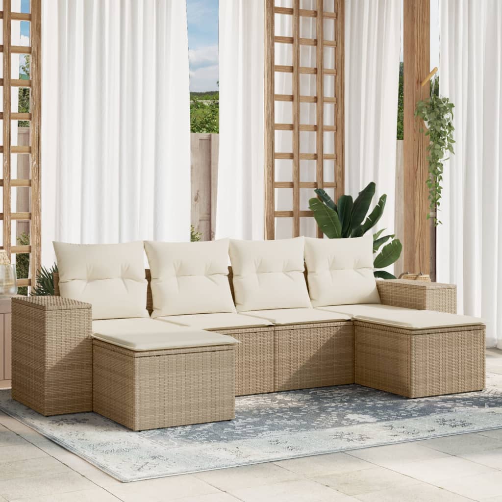 6-tlg. Garten-Sofagarnitur mit Kissen Schwarz Poly Rattan