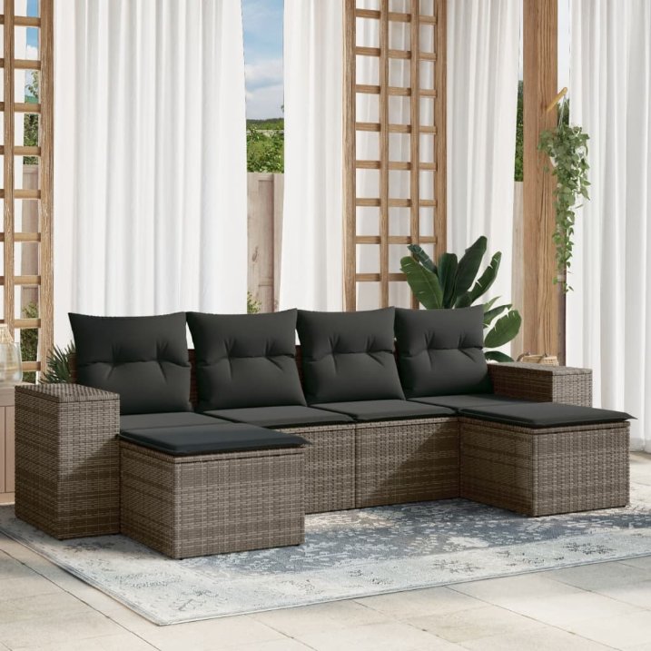 6-tlg. Garten-Sofagarnitur mit Kissen Schwarz Poly Rattan