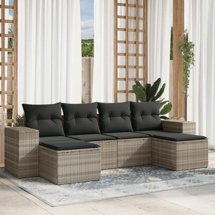 6-tlg. Garten-Sofagarnitur mit Kissen Schwarz Poly Rattan