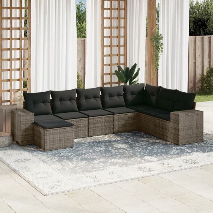 8-tlg. Garten-Sofagarnitur mit Kissen Schwarz Poly Rattan