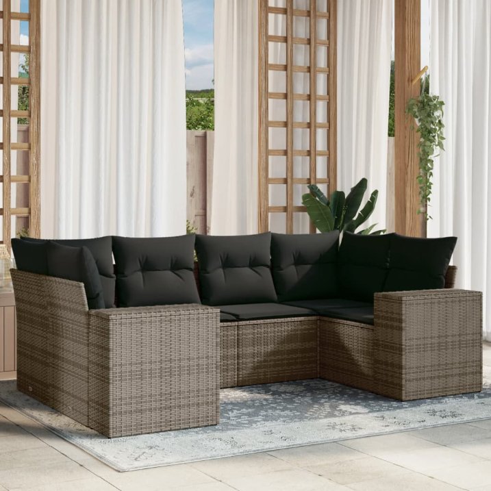 6-tlg. Garten-Sofagarnitur mit Kissen Schwarz Poly Rattan
