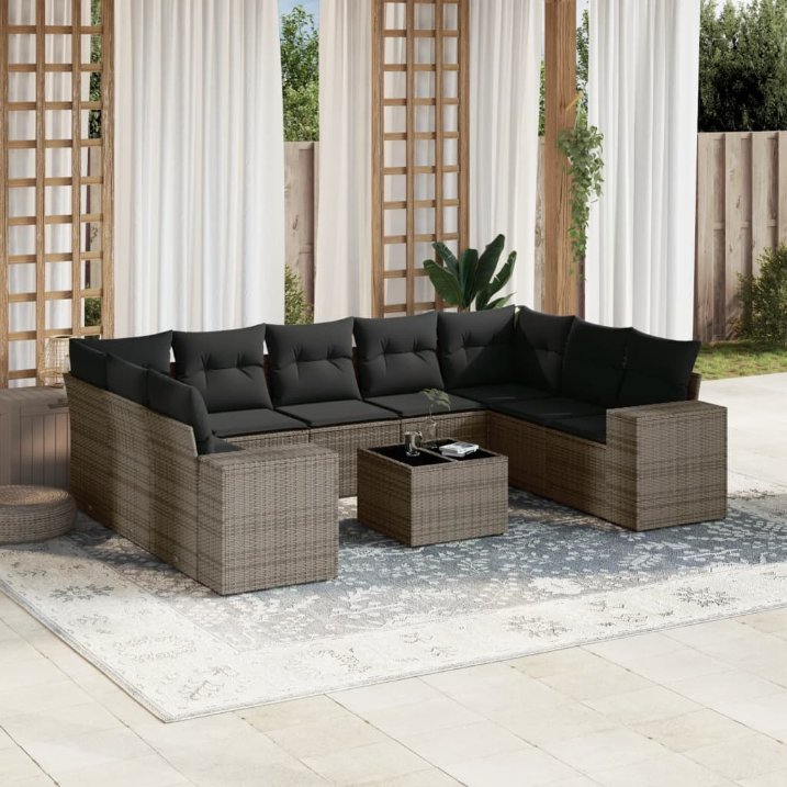 9-tlg. Garten-Sofagarnitur mit Kissen Schwarz Poly Rattan