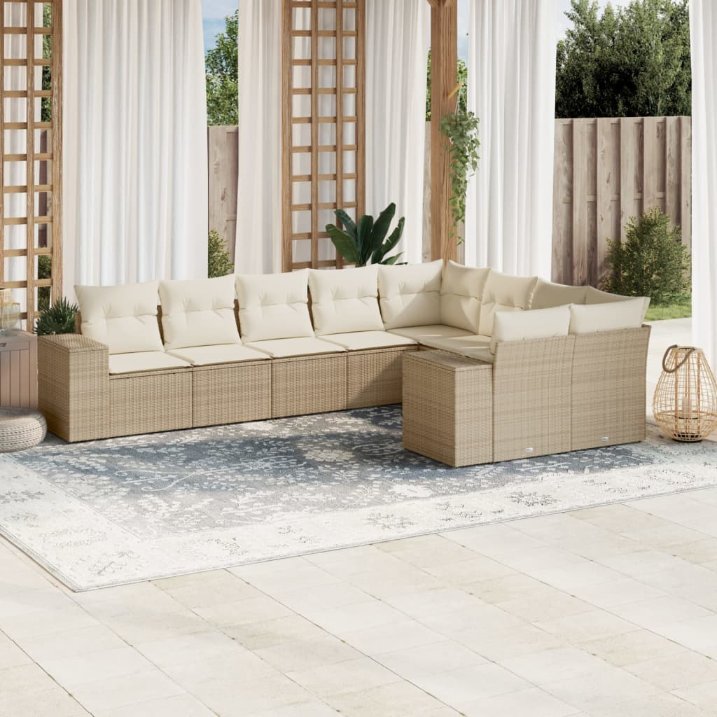 9-tlg. Garten-Sofagarnitur mit Kissen Schwarz Poly Rattan