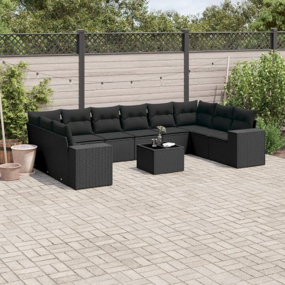 vidaXL 10-tlg. Garten-Sofagarnitur mit Kissen Schwarz Poly Rattan