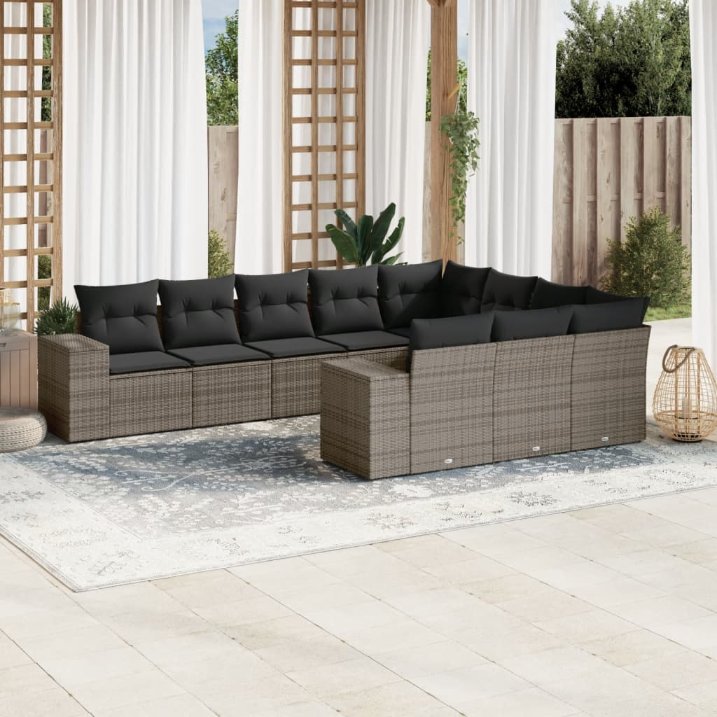 vidaXL 10-tlg. Garten-Sofagarnitur mit Kissen Schwarz Poly Rattan