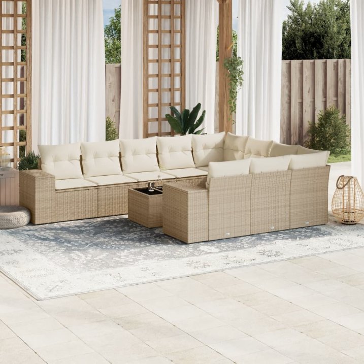 vidaXL 10-tlg. Garten-Sofagarnitur mit Kissen Schwarz Poly Rattan