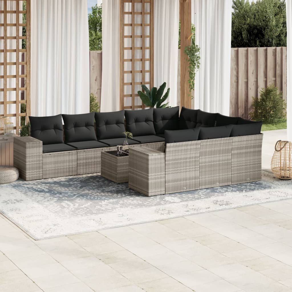 vidaXL 10-tlg. Garten-Sofagarnitur mit Kissen Schwarz Poly Rattan
