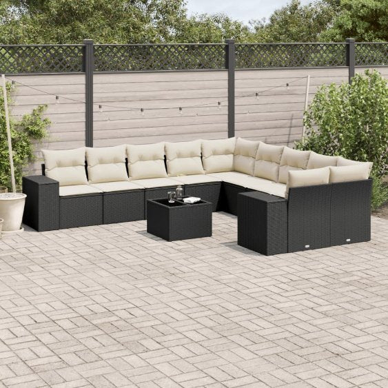 vidaXL 10-tlg. Garten-Sofagarnitur mit Kissen Schwarz Poly Rattan
