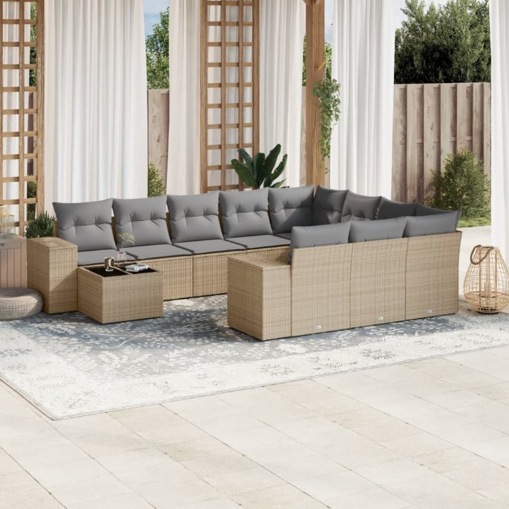 11-tlg. Garten-Sofagarnitur mit Kissen Schwarz Poly Rattan