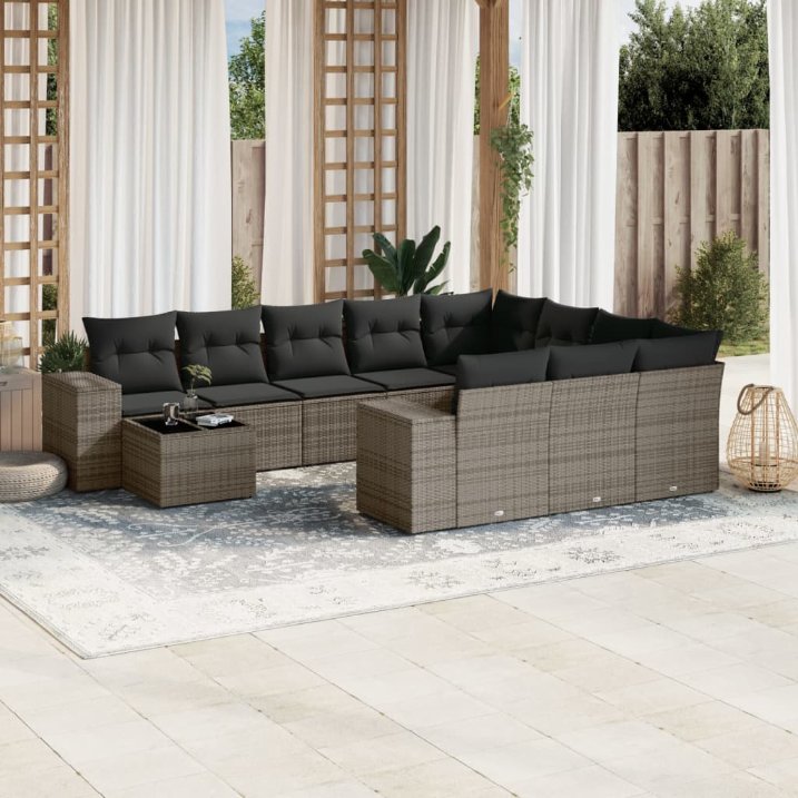 11-tlg. Garten-Sofagarnitur mit Kissen Schwarz Poly Rattan