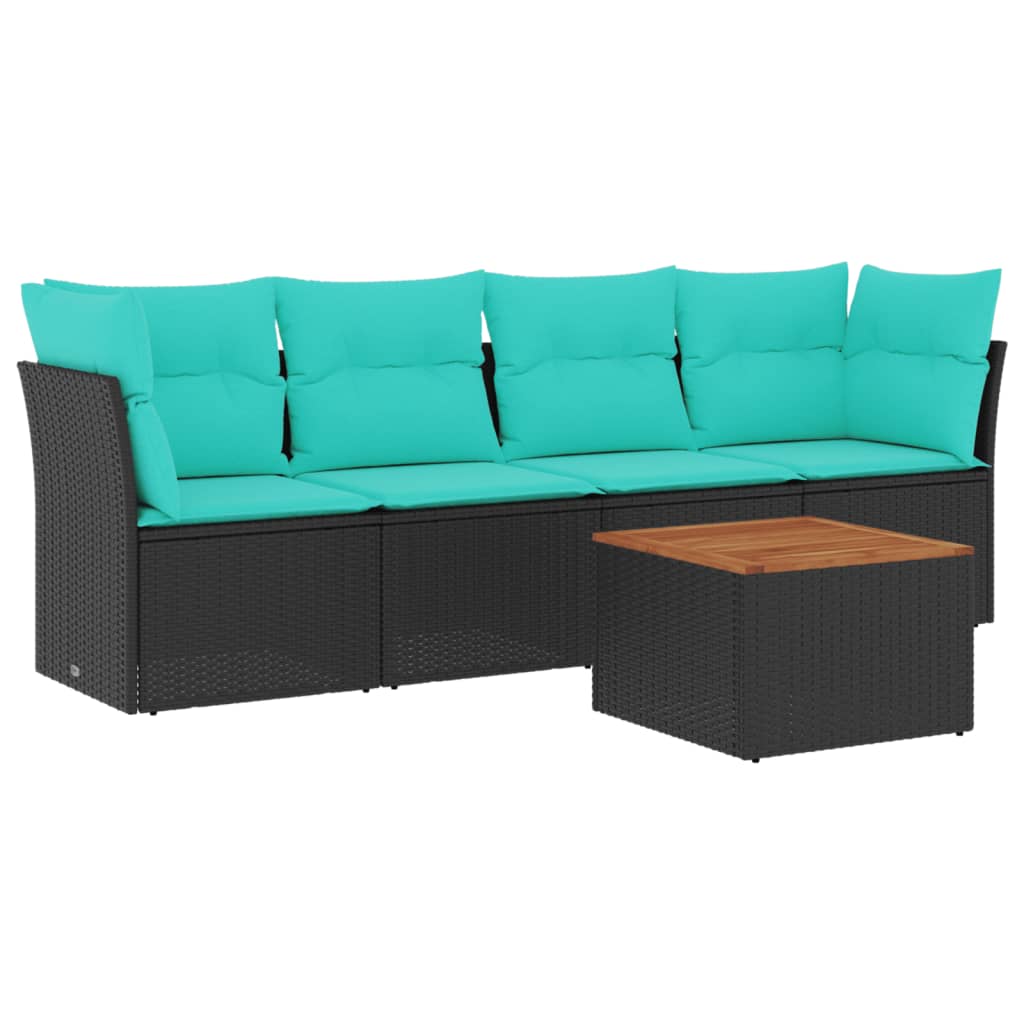 5-tlg. Garten-Sofagarnitur mit Kissen Schwarz Poly Rattan