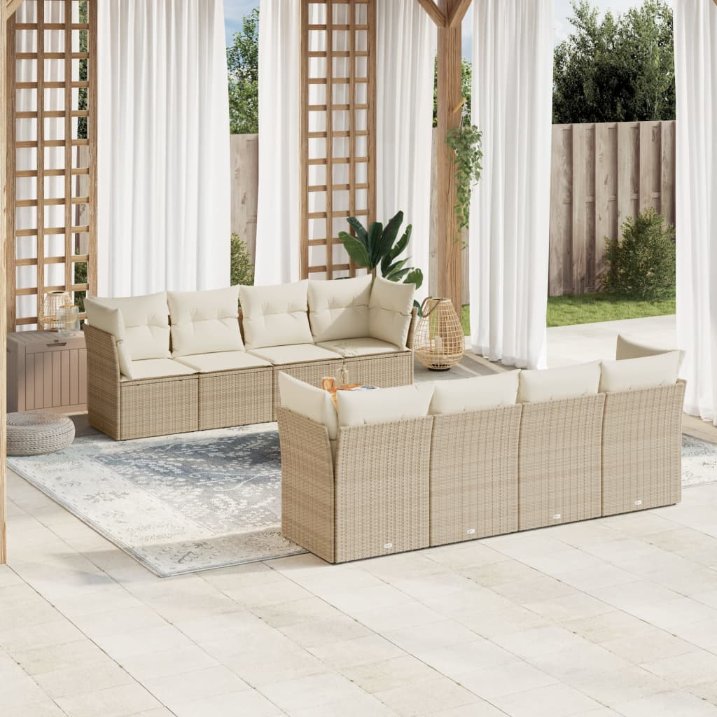 9-tlg. Garten-Sofagarnitur mit Kissen Schwarz Poly Rattan