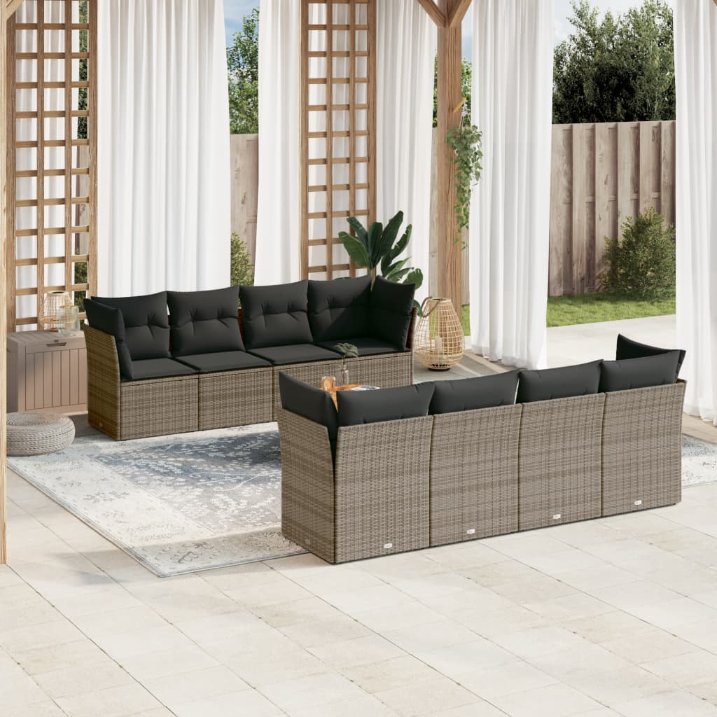 9-tlg. Garten-Sofagarnitur mit Kissen Schwarz Poly Rattan