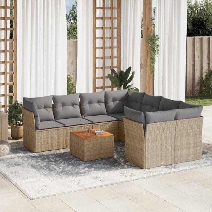 9-tlg. Garten-Sofagarnitur mit Kissen Schwarz Poly Rattan
