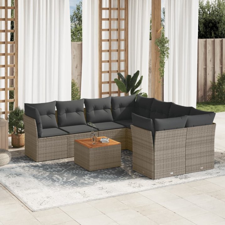 9-tlg. Garten-Sofagarnitur mit Kissen Schwarz Poly Rattan