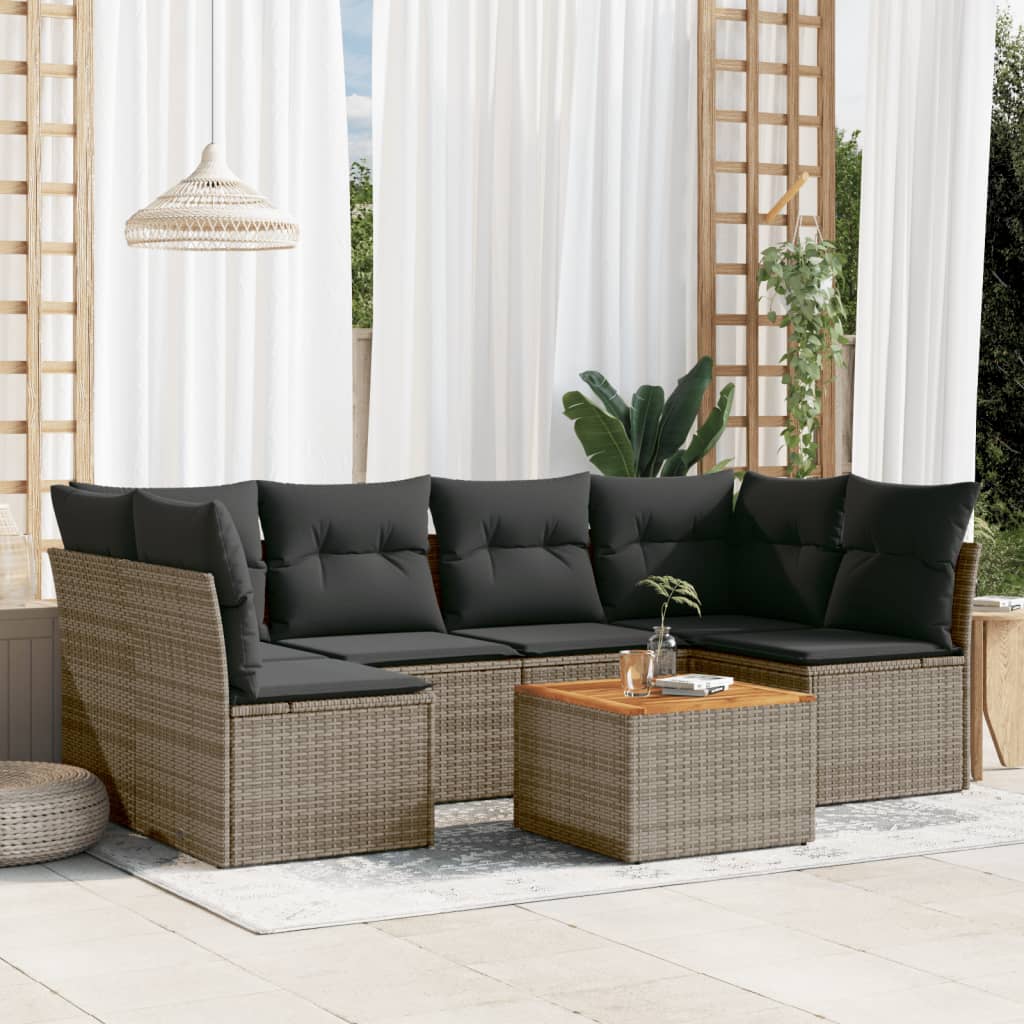 7-tlg. Garten-Sofagarnitur mit Kissen Schwarz Poly Rattan