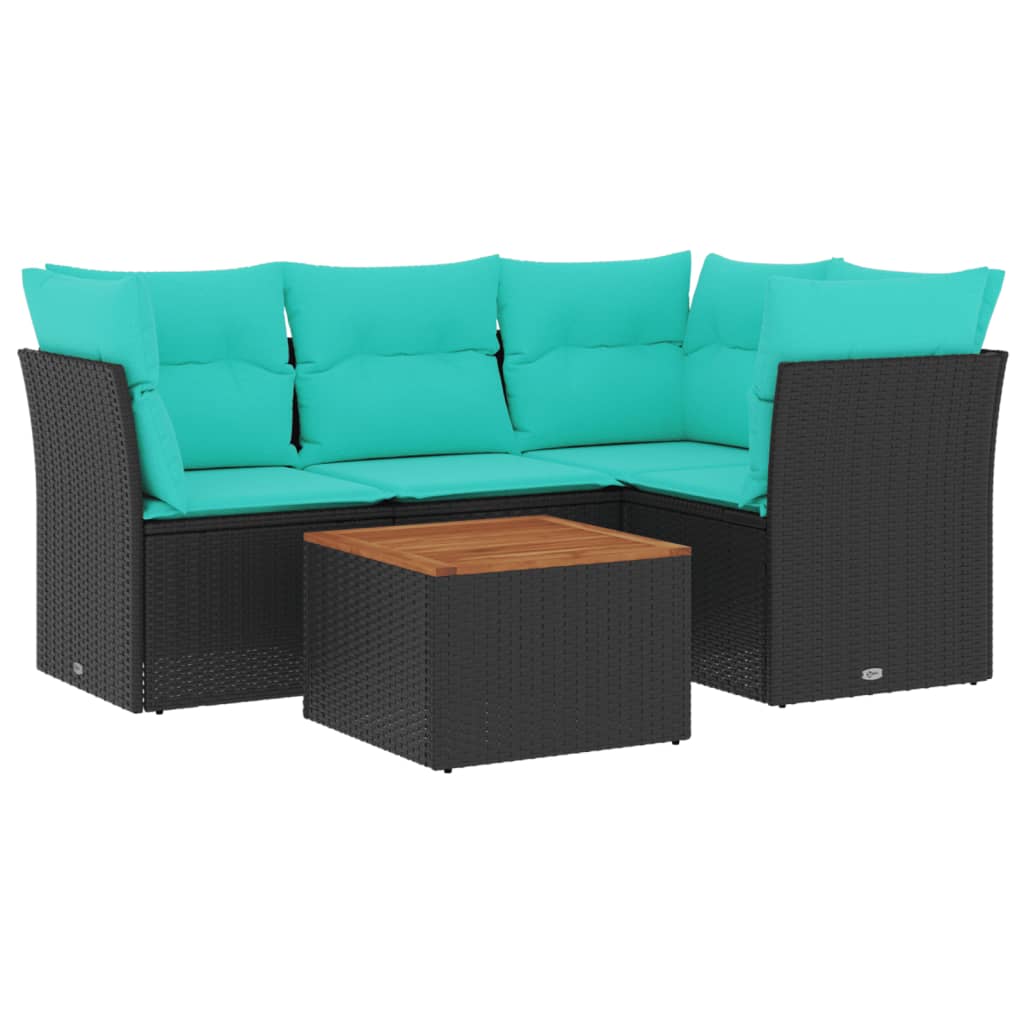 5-tlg. Garten-Sofagarnitur mit Kissen Schwarz Poly Rattan