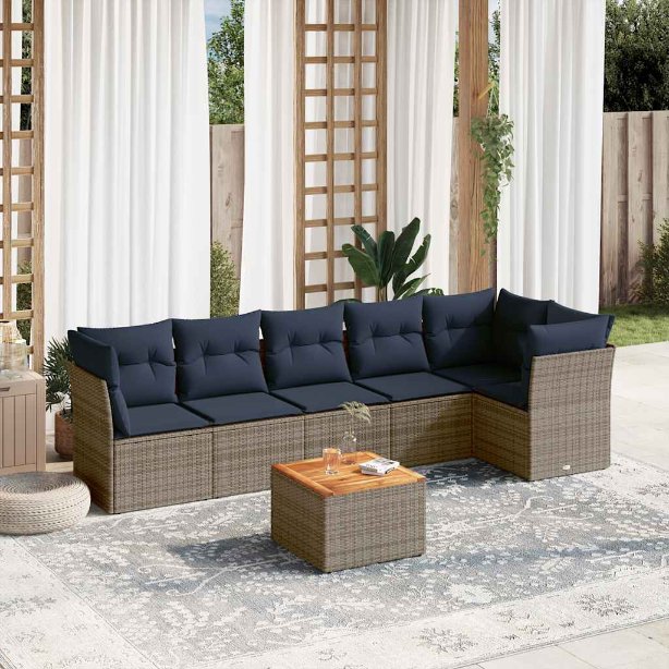 7-tlg. Garten-Sofagarnitur mit Kissen Grau Poly Rattan