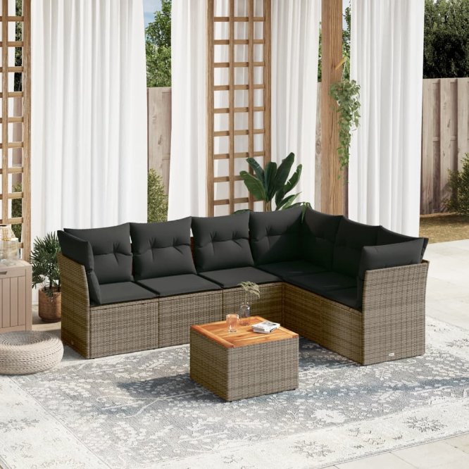 7-tlg. Garten-Sofagarnitur mit Kissen Schwarz Poly Rattan
