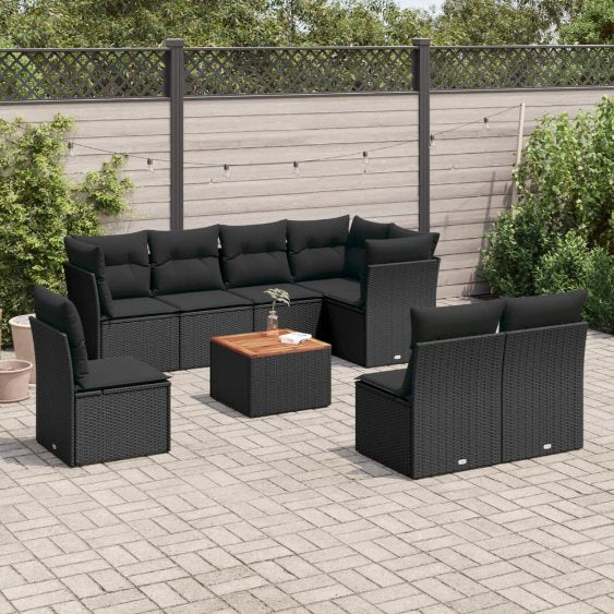 9-tlg. Garten-Sofagarnitur mit Kissen Schwarz Poly Rattan