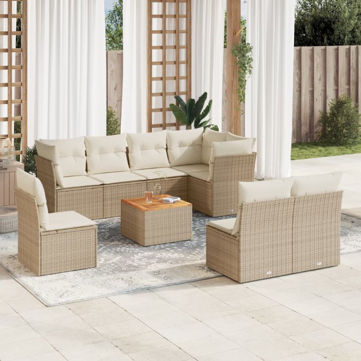 9-tlg. Garten-Sofagarnitur mit Kissen Schwarz Poly Rattan