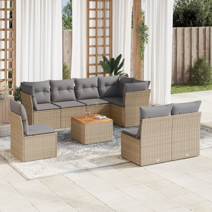 9-tlg. Garten-Sofagarnitur mit Kissen Schwarz Poly Rattan