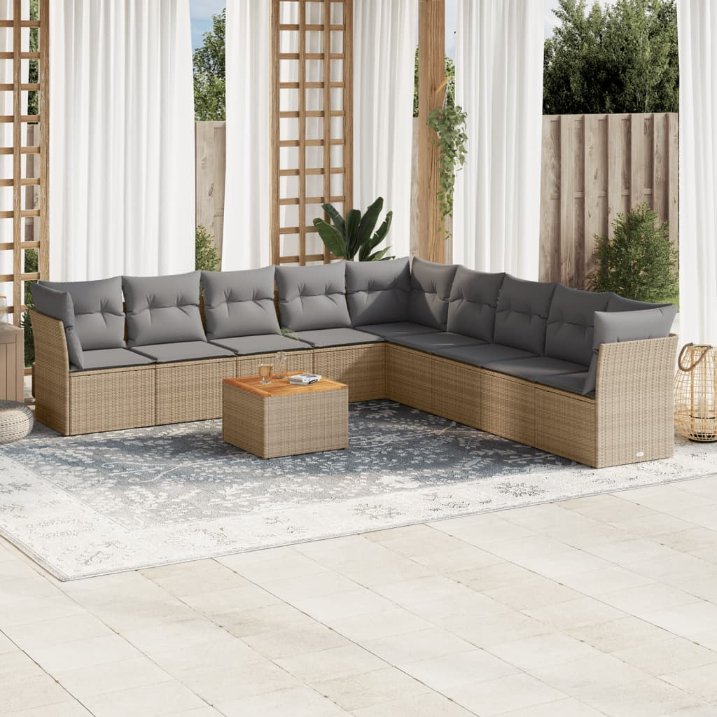 vidaXL 10-tlg. Garten-Sofagarnitur mit Kissen Schwarz Poly Rattan