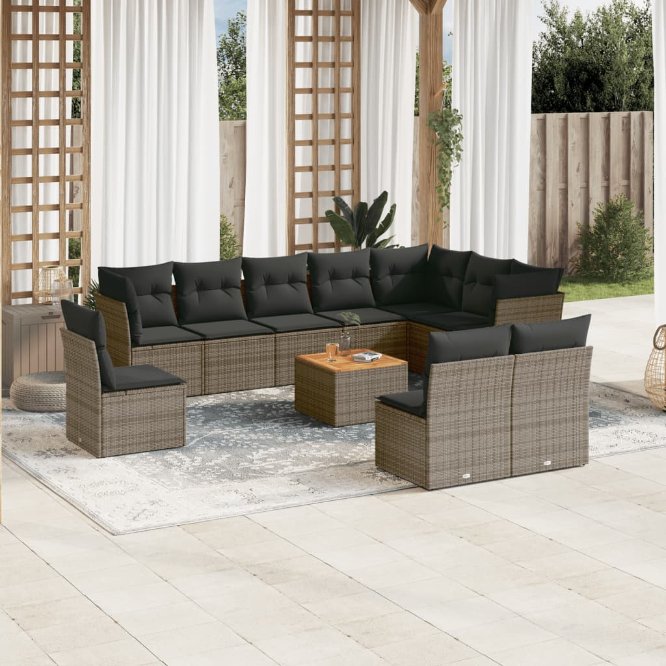 11-tlg. Garten-Sofagarnitur mit Kissen Schwarz Poly Rattan