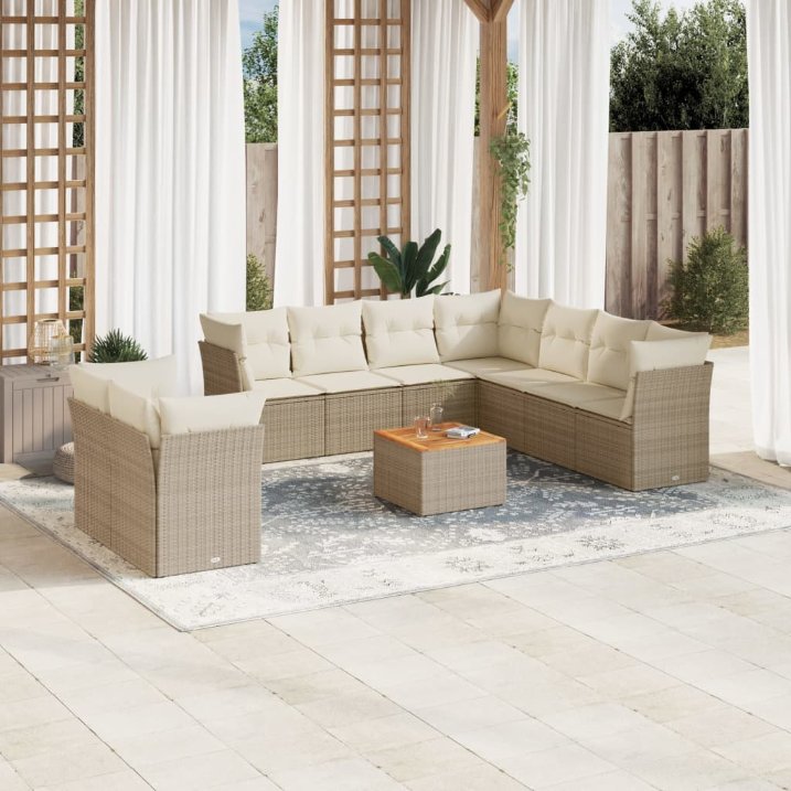 vidaXL 10-tlg. Garten-Sofagarnitur mit Kissen Schwarz Poly Rattan