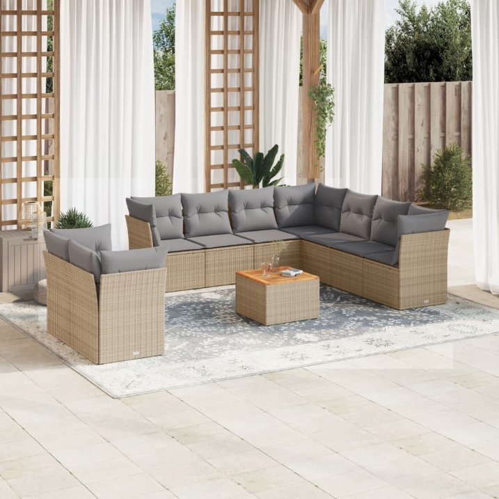 vidaXL 10-tlg. Garten-Sofagarnitur mit Kissen Schwarz Poly Rattan
