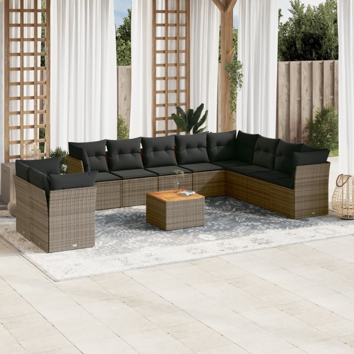 11-tlg. Garten-Sofagarnitur mit Kissen Schwarz Poly Rattan