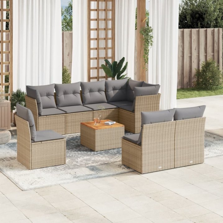 9-tlg. Garten-Sofagarnitur mit Kissen Schwarz Poly Rattan