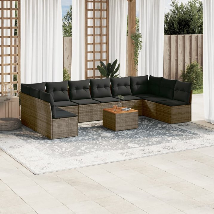 11-tlg. Garten-Sofagarnitur mit Kissen Schwarz Poly Rattan