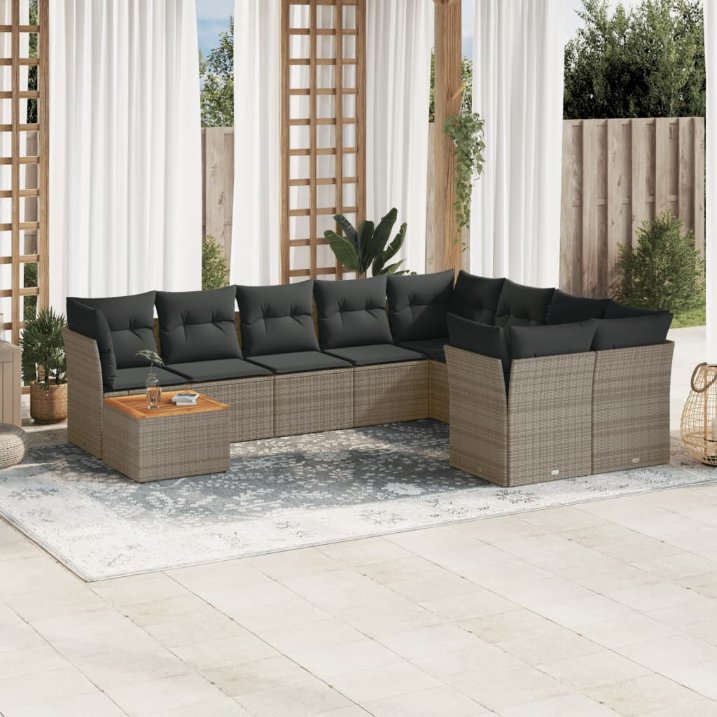 vidaXL 10-tlg. Garten-Sofagarnitur mit Kissen Schwarz Poly Rattan