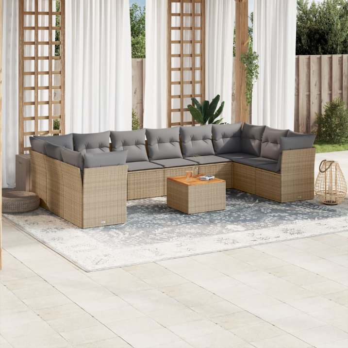 11-tlg. Garten-Sofagarnitur mit Kissen Schwarz Poly Rattan