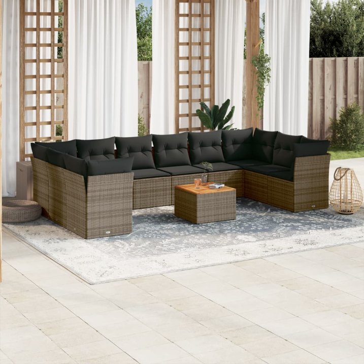 11-tlg. Garten-Sofagarnitur mit Kissen Schwarz Poly Rattan