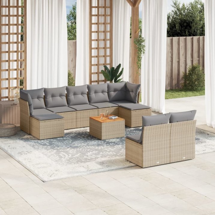 vidaXL 10-tlg. Garten-Sofagarnitur mit Kissen Schwarz Poly Rattan