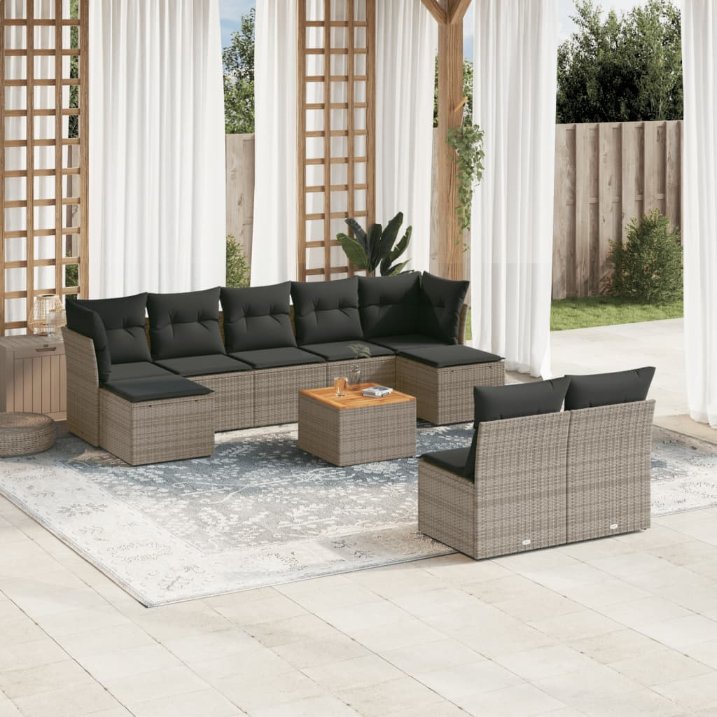 vidaXL 10-tlg. Garten-Sofagarnitur mit Kissen Schwarz Poly Rattan