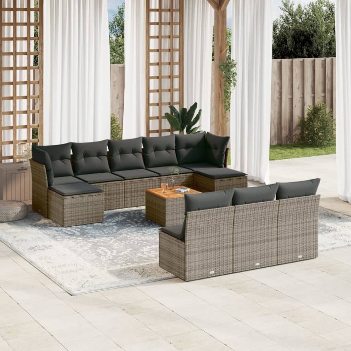 11-tlg. Garten-Sofagarnitur mit Kissen Schwarz Poly Rattan