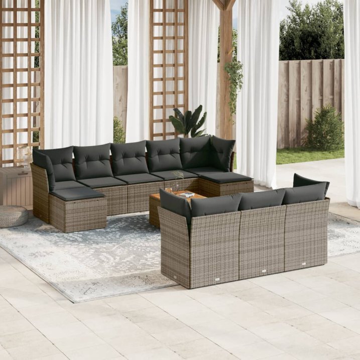 11-tlg. Garten-Sofagarnitur mit Kissen Schwarz Poly Rattan
