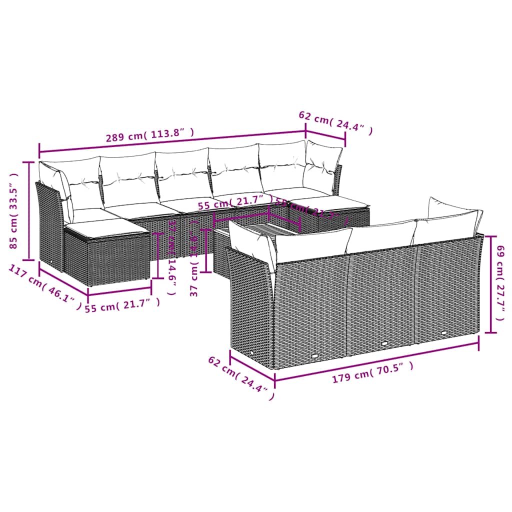 vidaXL 11-teiliges Gartensofa-Set mit Kissen, grau, Polyrattan