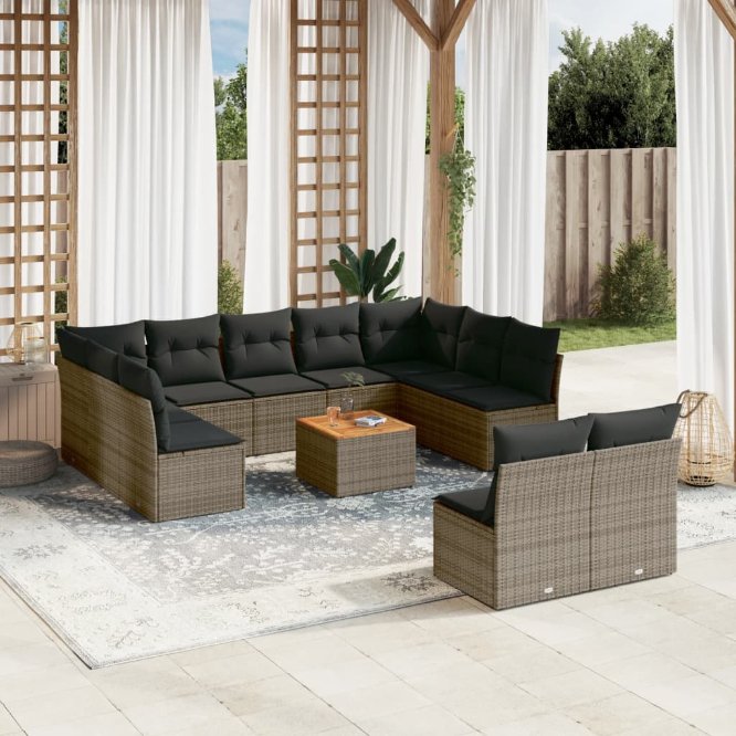 12-tlg. Garten-Sofagarnitur mit Kissen Schwarz Poly Rattan