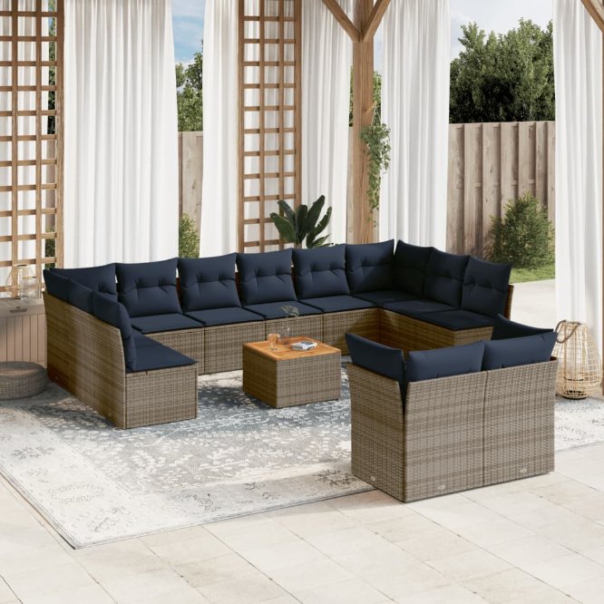 13-tlg. Garten-Sofagarnitur mit Kissen Schwarz Poly Rattan